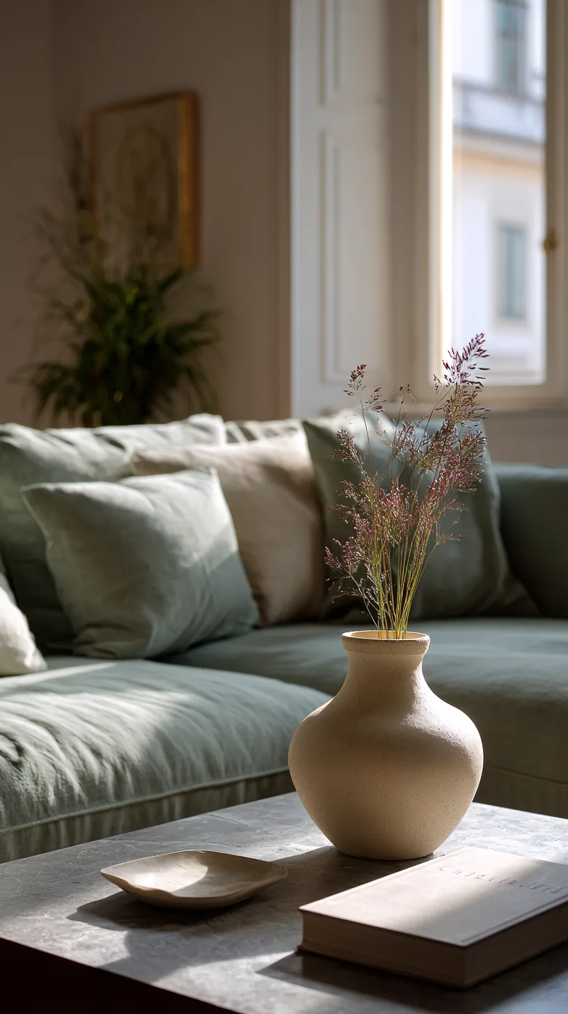 simple ceramic vases styled on a coffee table near a dark green sofa, photo 2 of 4