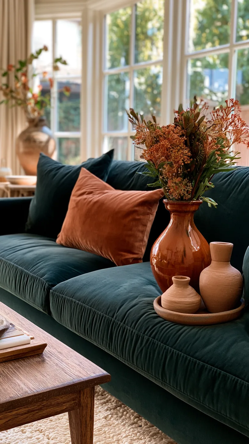 simple ceramic vases styled on a coffee table near a dark green sofa, photo 3 of 4