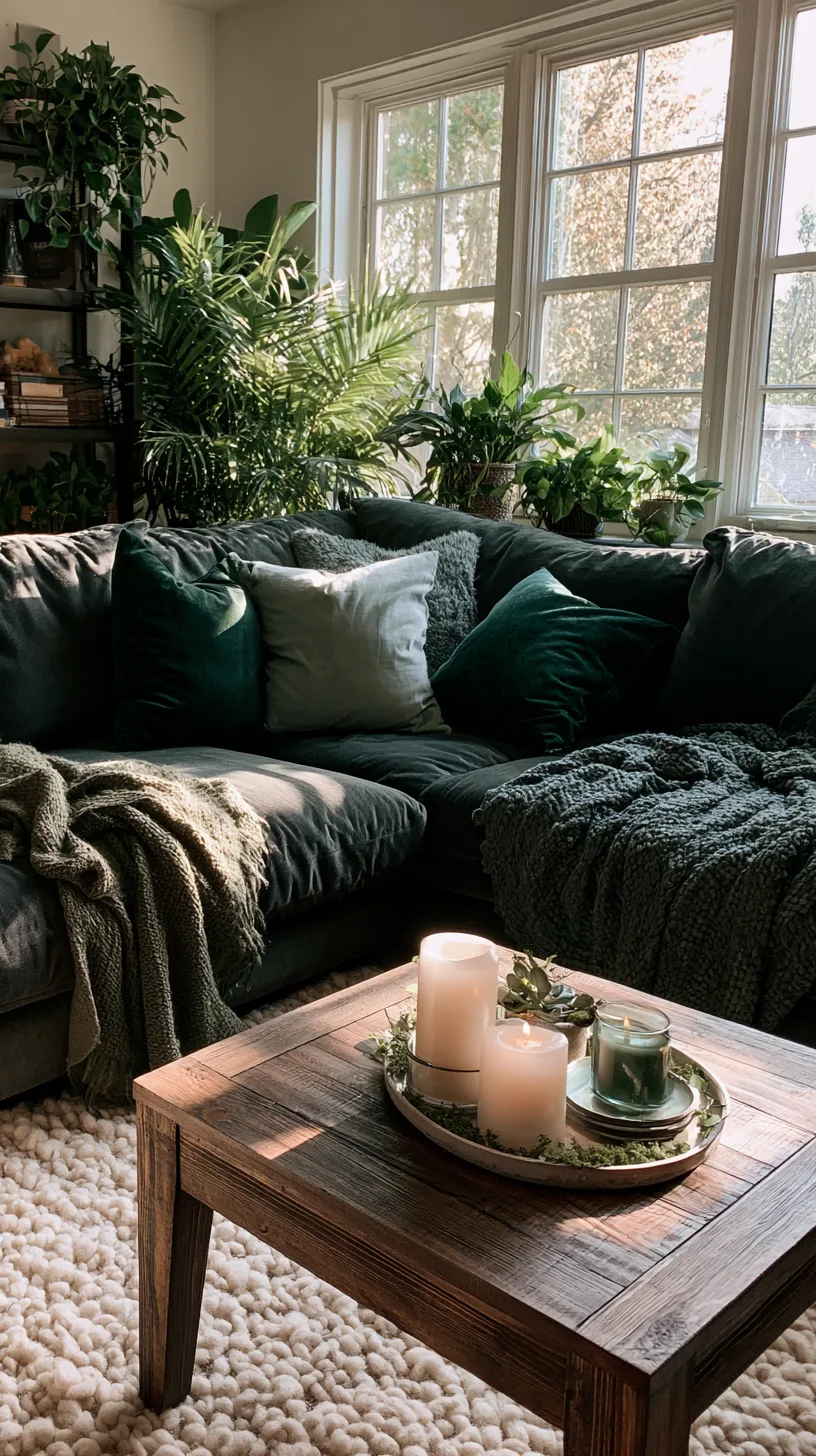 clean minimalist living room with a single dark green sofa and few accents, photo 3 of 4