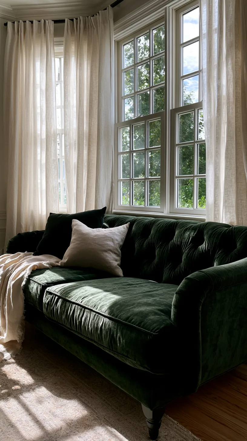 clean minimalist living room with a single dark green sofa and few accents, photo 4 of 4