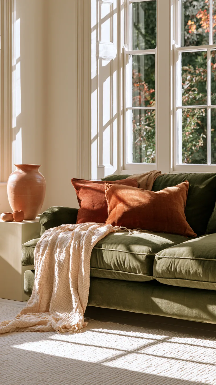 terracotta and clay accents warming a dark green sofa living room, photo 1 of 4