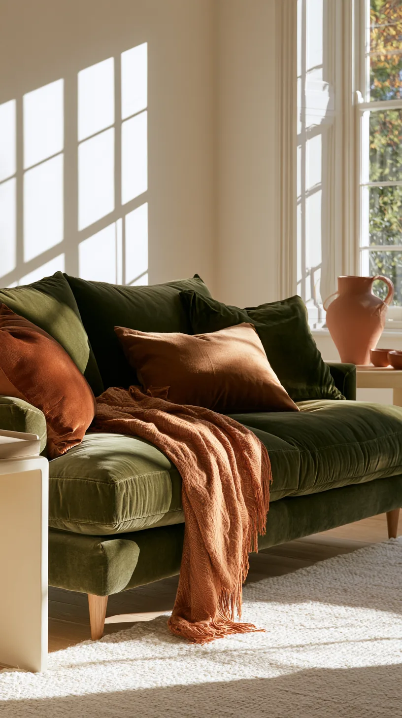 terracotta and clay accents warming a dark green sofa living room, photo 2 of 4