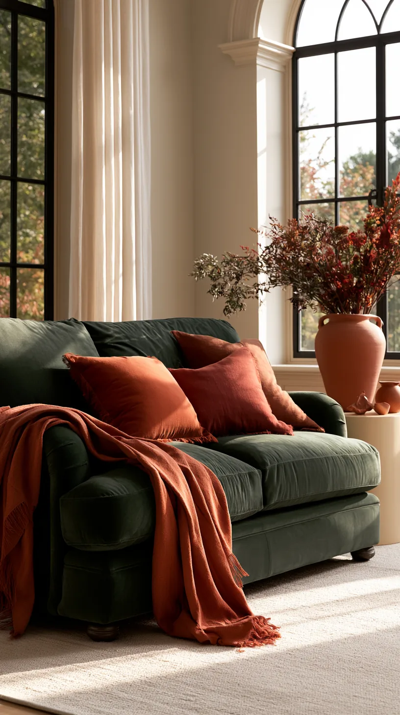 terracotta and clay accents warming a dark green sofa living room, photo 4 of 4