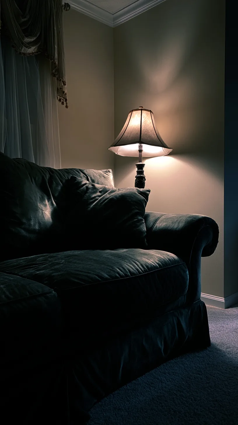 cozy reading nook with a lamp and books tucked beside a green sofa, photo 1 of 4