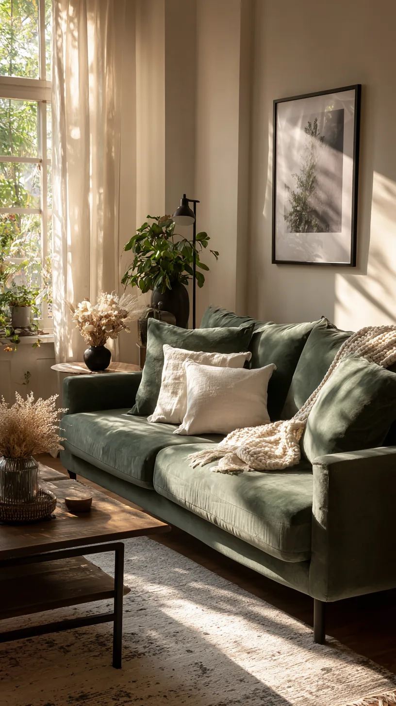 matte black iron accents adding crisp contrast to a green sofa living room, photo 1 of 4