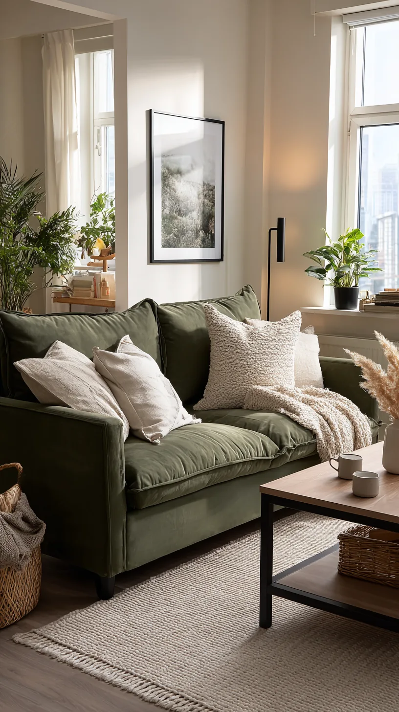 matte black iron accents adding crisp contrast to a green sofa living room, photo 2 of 4