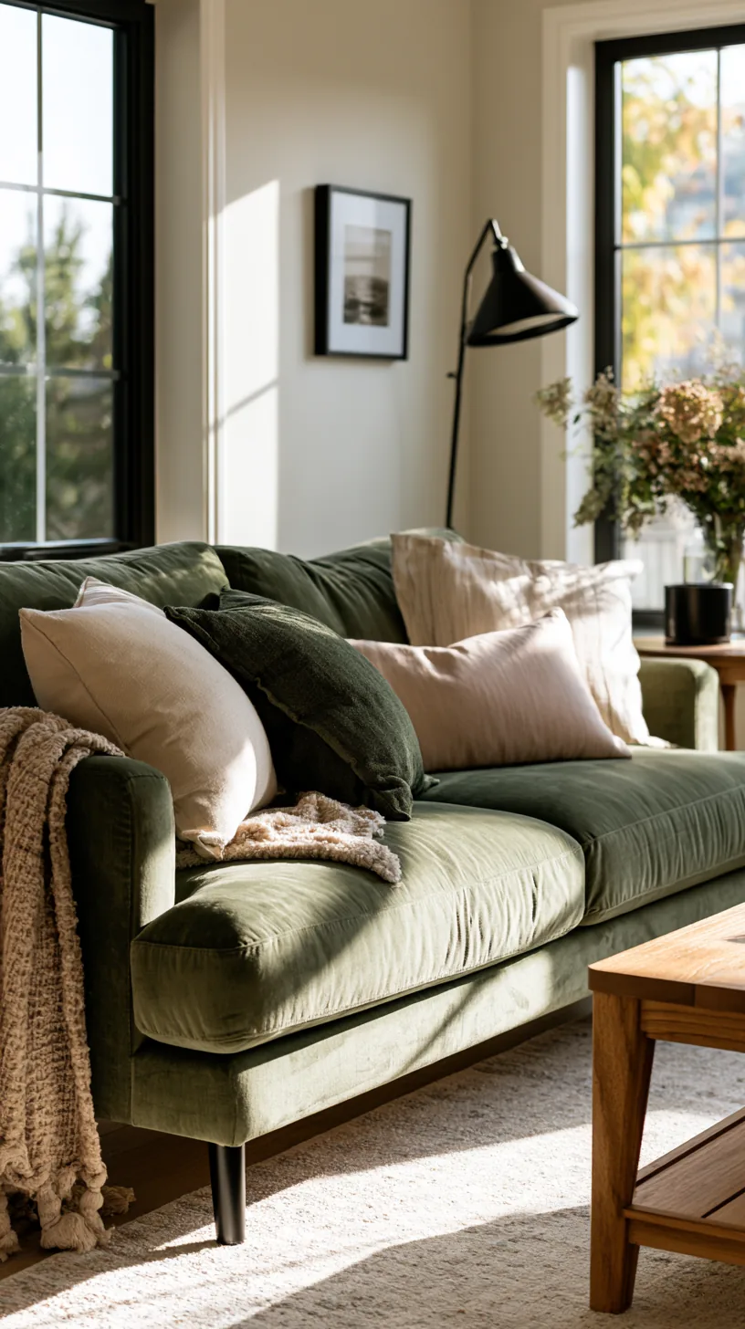 matte black iron accents adding crisp contrast to a green sofa living room, photo 3 of 4
