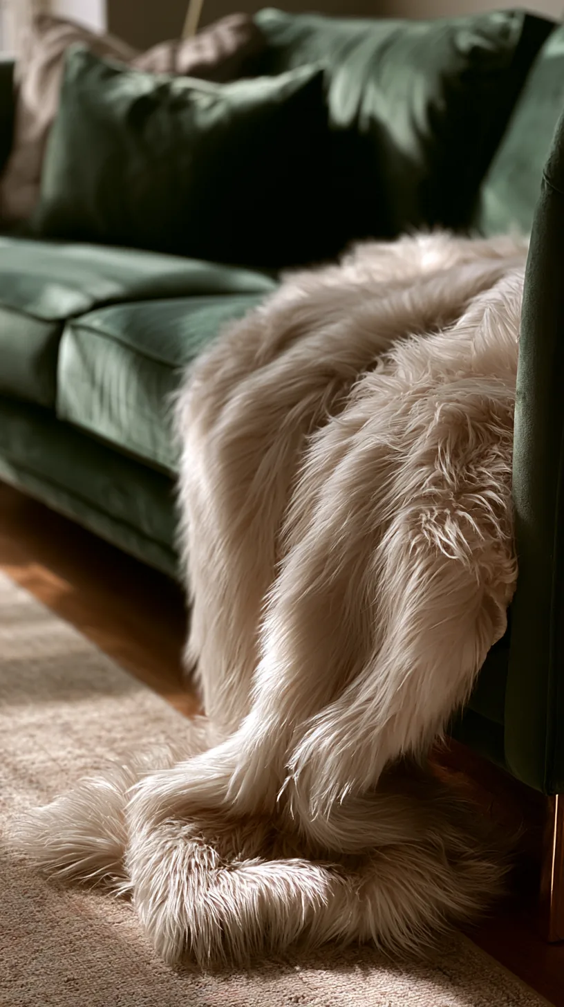 soft faux fur throw draped over a dark green sofa for extra winter coziness, photo 3 of 4
