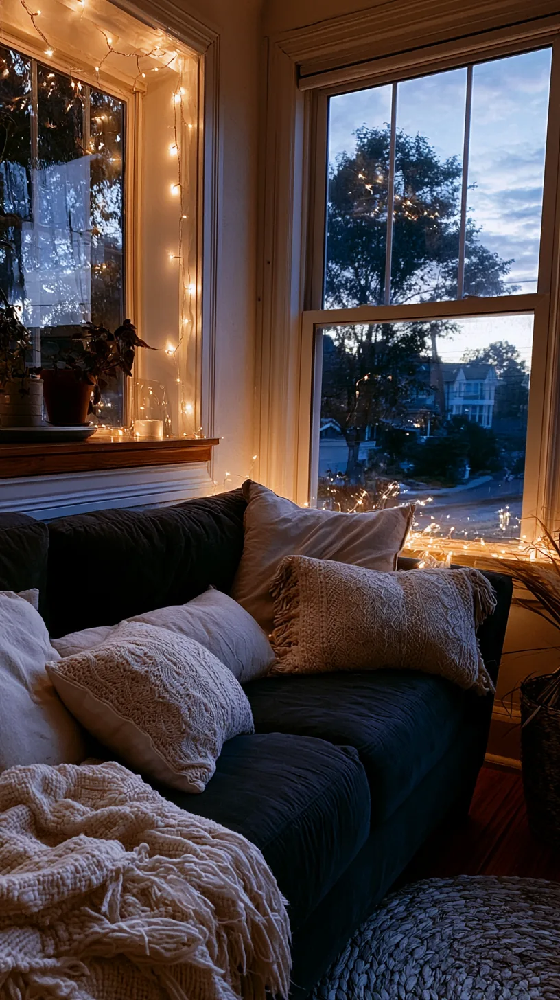 cluster of warm candles glowing on a tray near a dark green sofa in the evening, photo 1 of 4