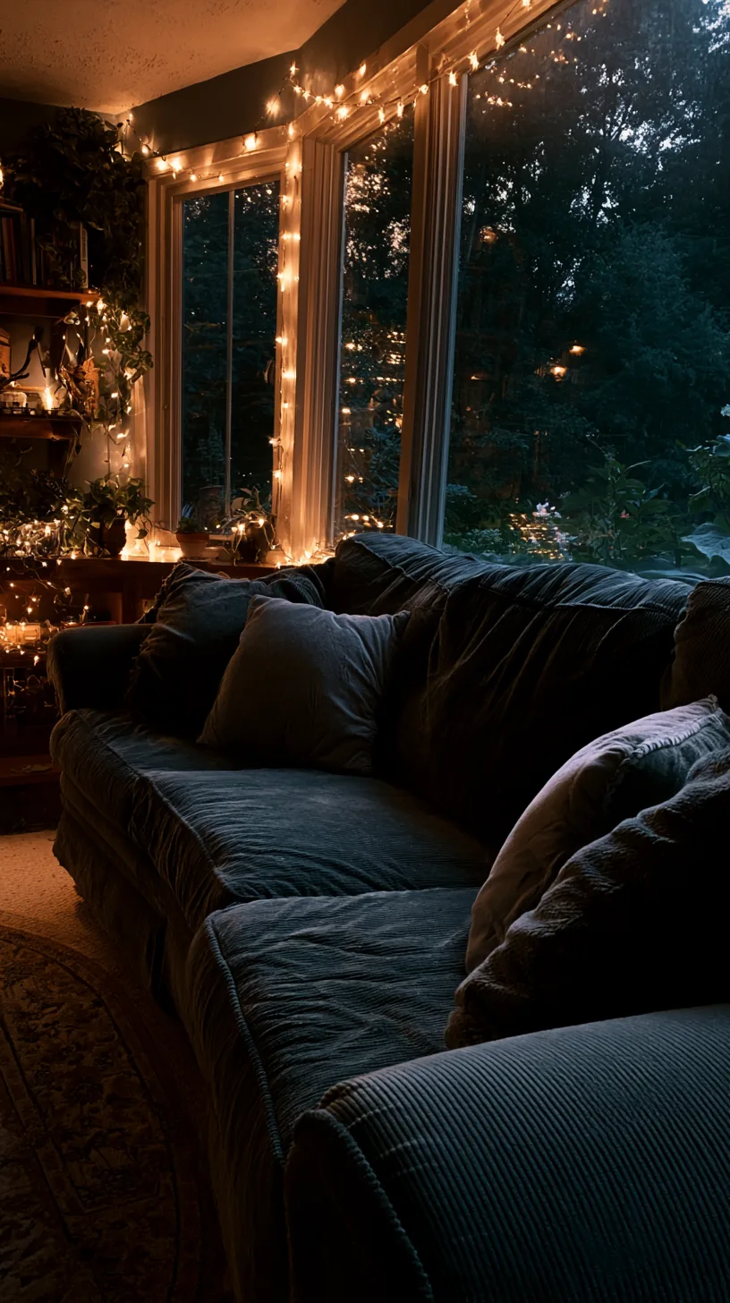 cluster of warm candles glowing on a tray near a dark green sofa in the evening, photo 2 of 4