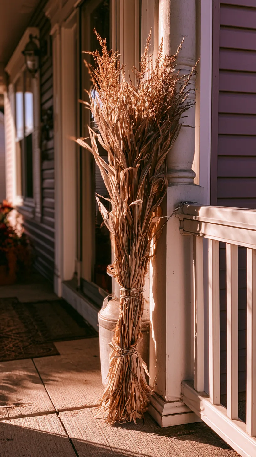 Bundled dried corn stalks tied and secured beside a front door column