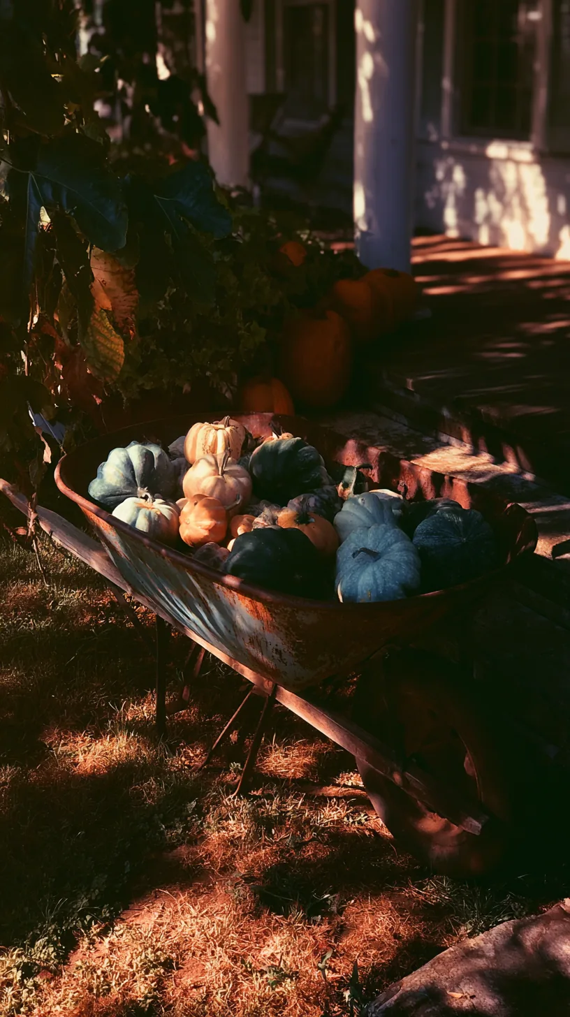 An old metal wheelbarrow filled with mixed gourds and small pumpkins on a lawn near the porch