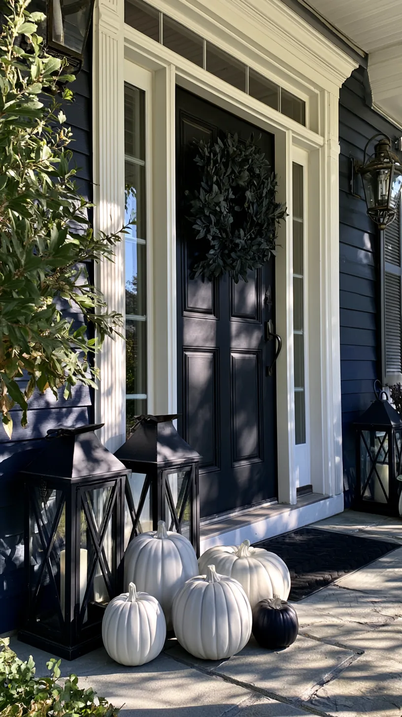 A cluster of white ghost pumpkins grouped against a darker porch backdrop
