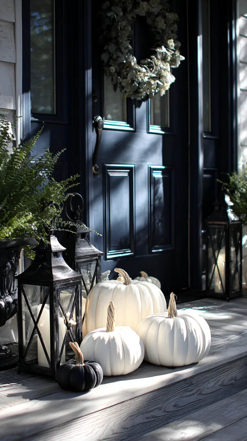 A cluster of white ghost pumpkins grouped against a darker porch backdrop