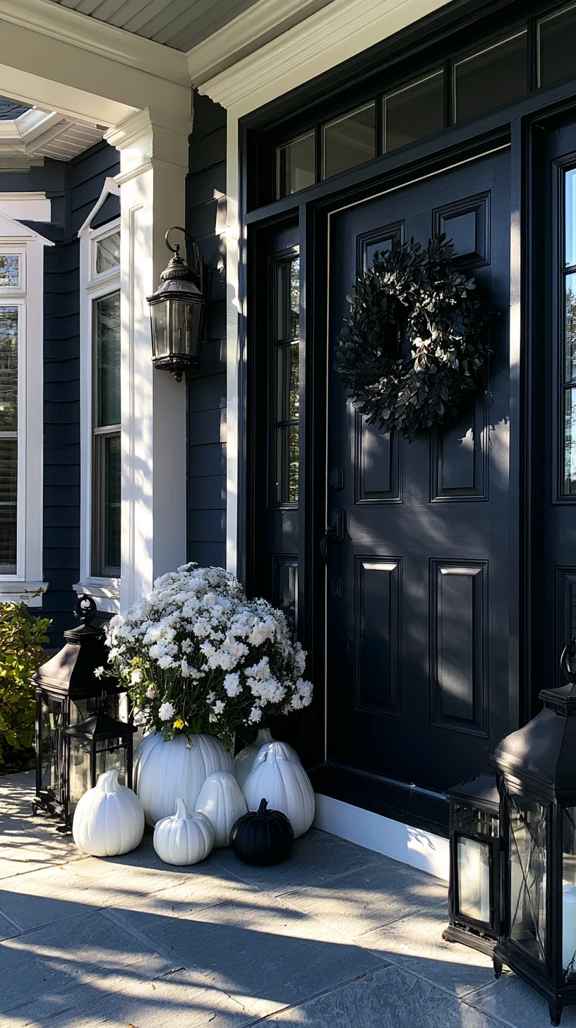 A cluster of white ghost pumpkins grouped against a darker porch backdrop