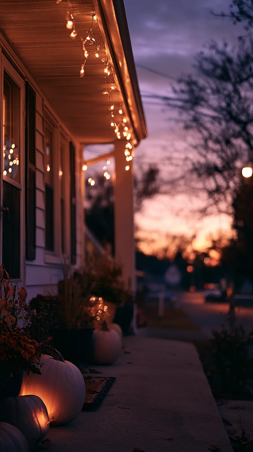 Warm white string lights strung along a porch eave above fall decor at dusk