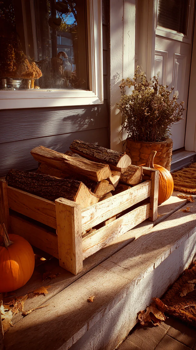Neatly stacked firewood in a wooden crate rack near a front porch entry