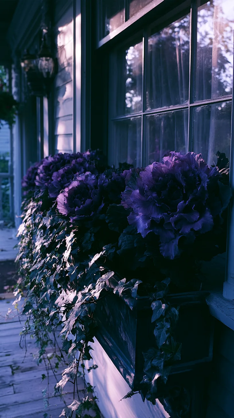 A window box beneath a front window filled with purple ornamental kale and trailing ivy
