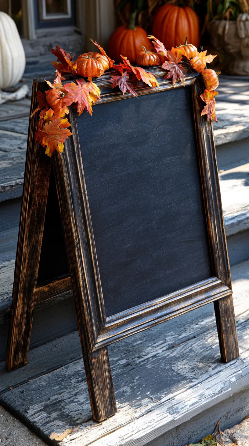 A wooden A-frame chalkboard sign with a hand-lettered fall welcome message beside porch steps