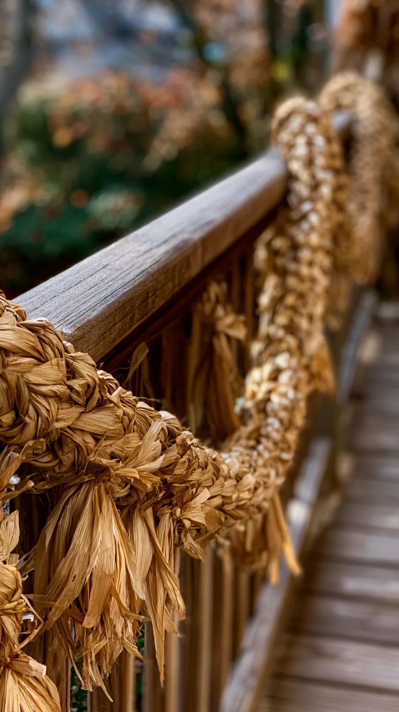 A braided corn husk garland draped along a white porch railing