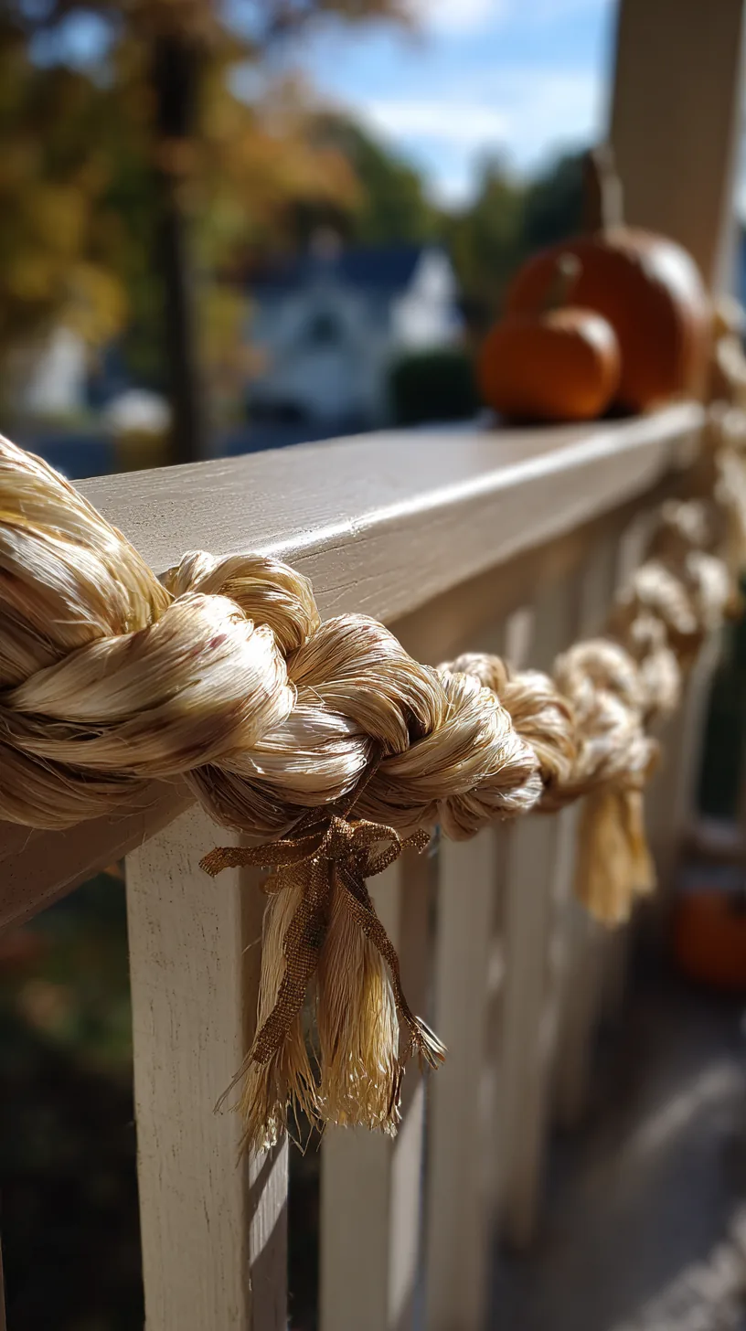 A braided corn husk garland draped along a white porch railing