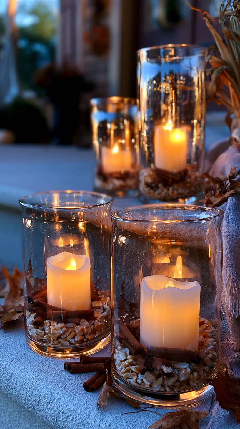 Glass hurricane lanterns with flickering battery candles set on porch steps at dusk