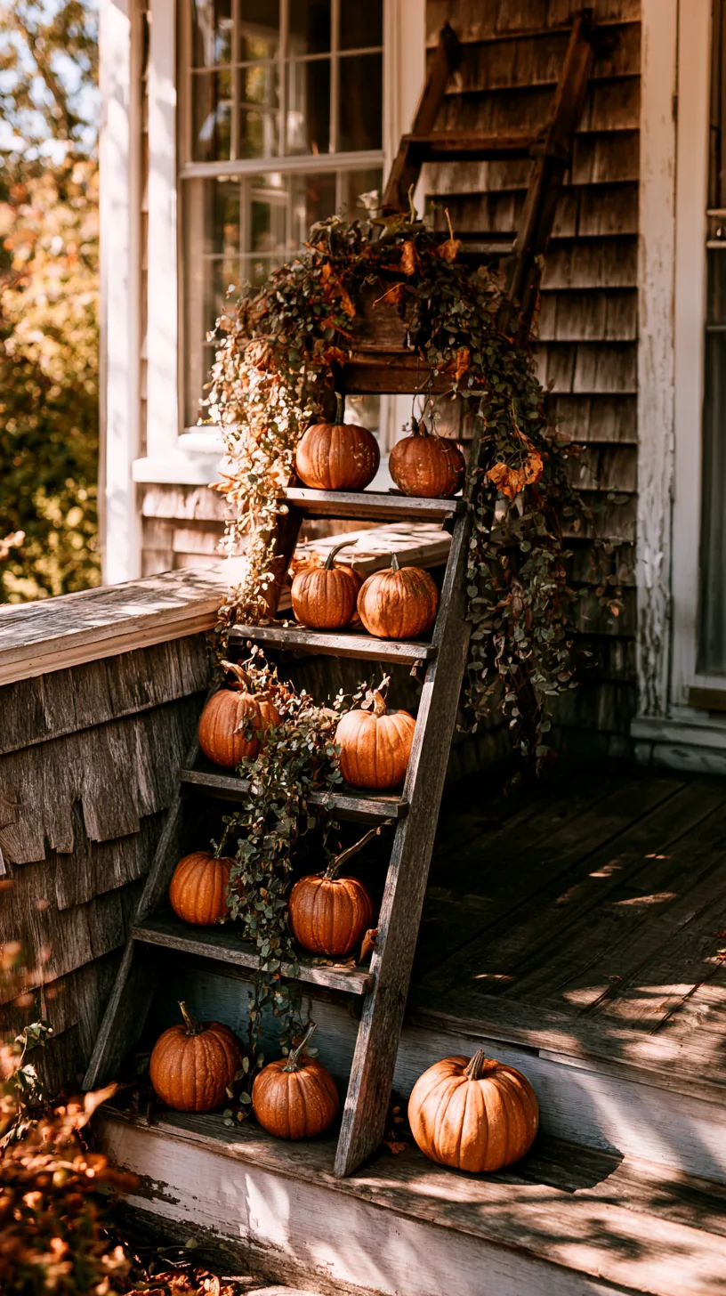 A rustic wooden ladder leaned against a porch wall and layered with pumpkins and foliage on each rung