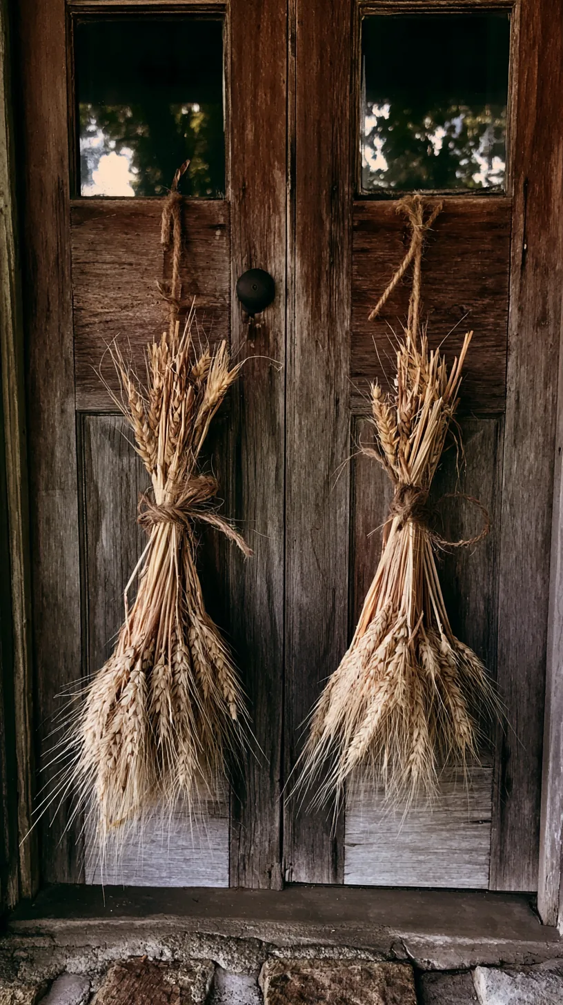 Two dried wheat bundles tied with twine hanging on either side of a front door