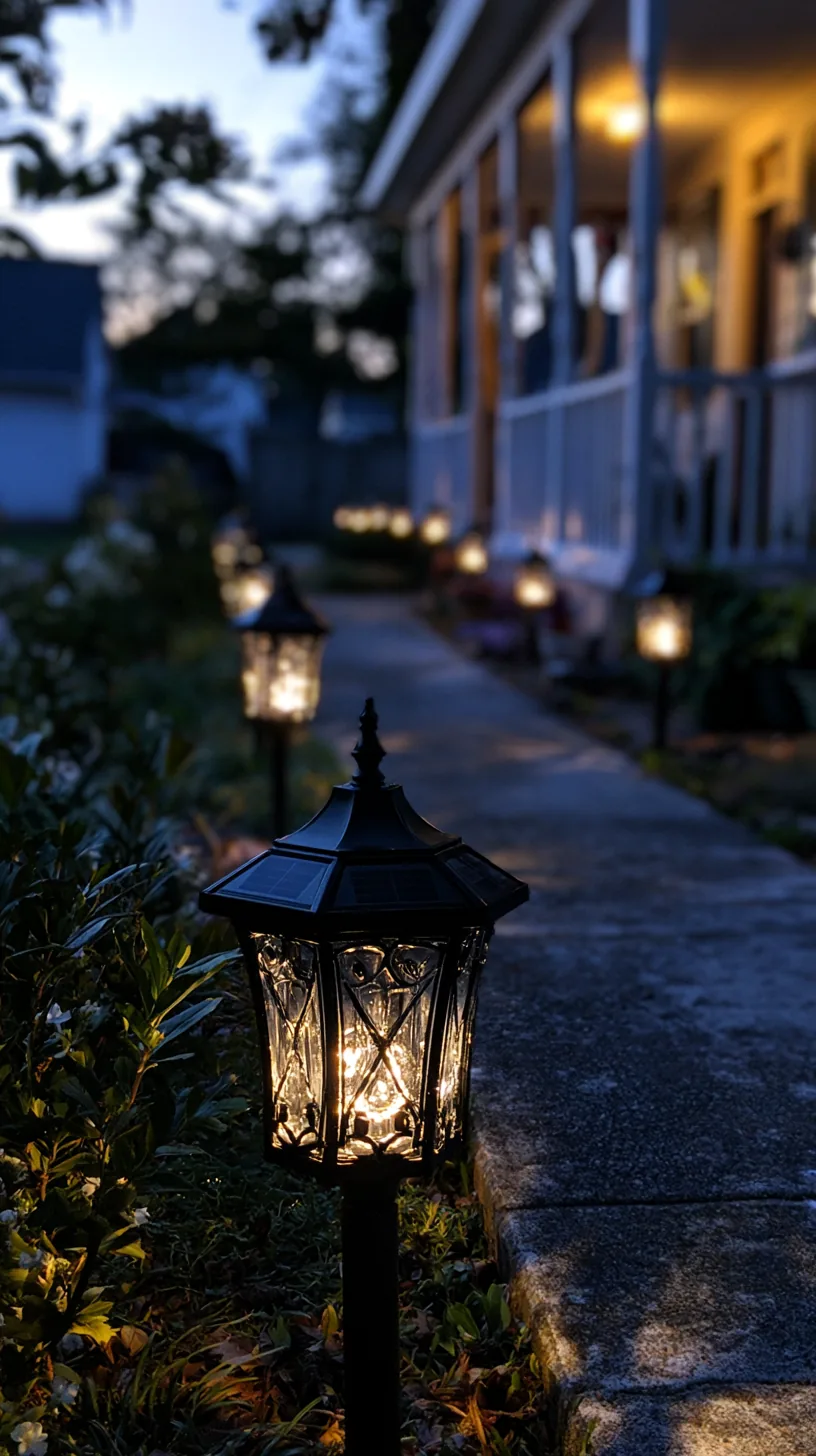 A row of solar-powered stake lanterns lit along a garden path leading to the front porch