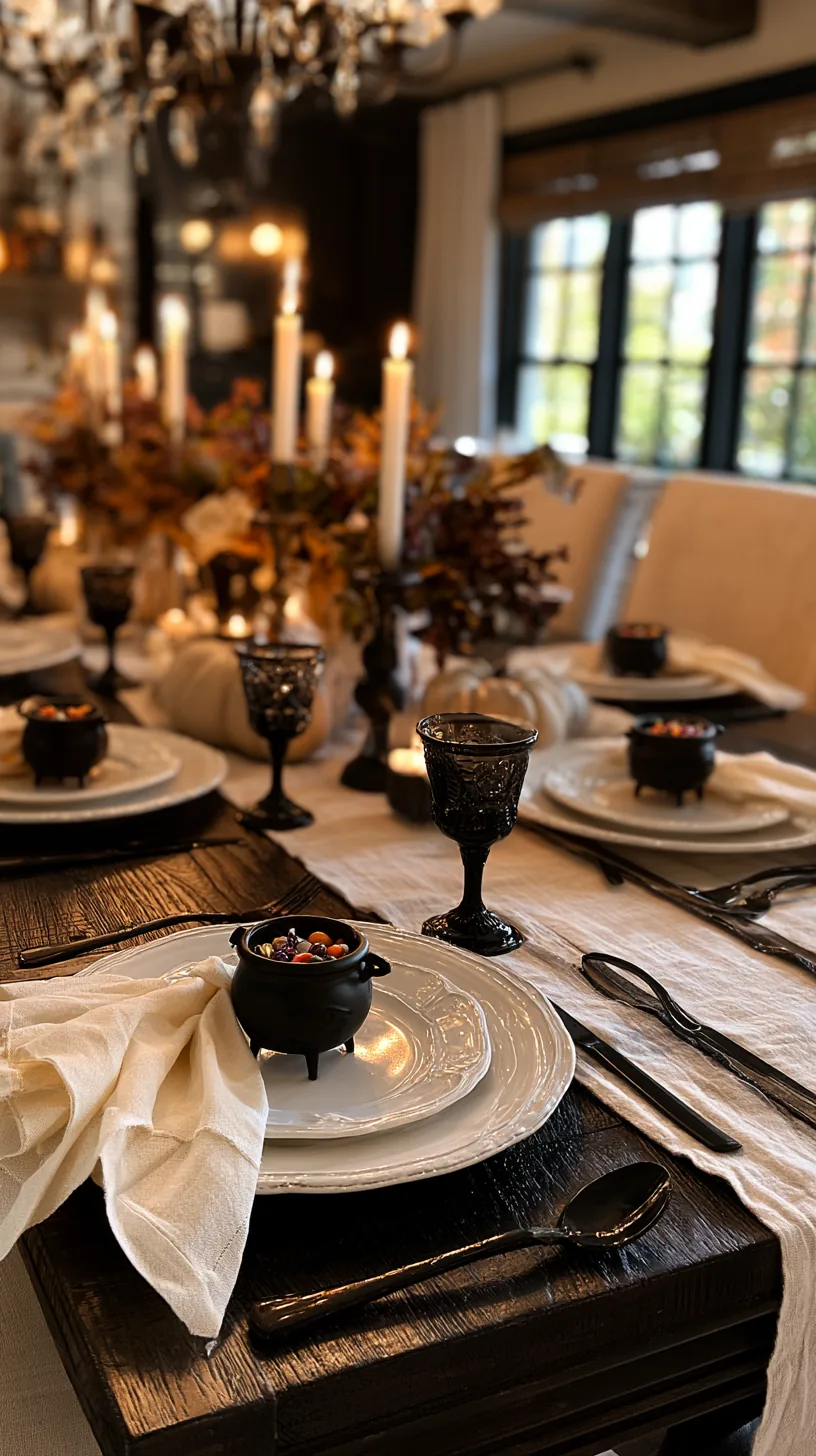 mini black cauldron favor cup set at each Halloween table place setting, photo 1 of 4
