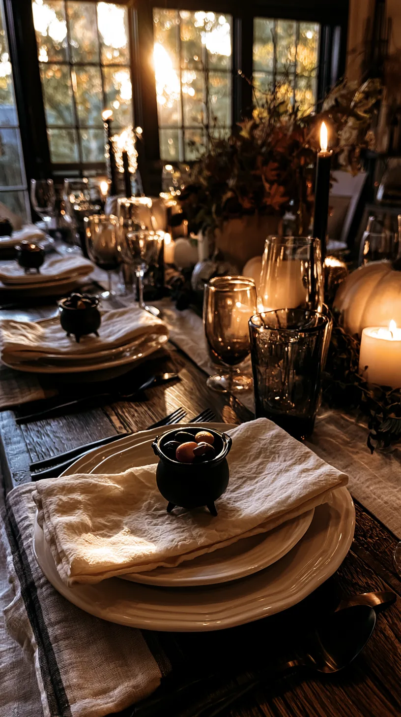 mini black cauldron favor cup set at each Halloween table place setting, photo 3 of 4