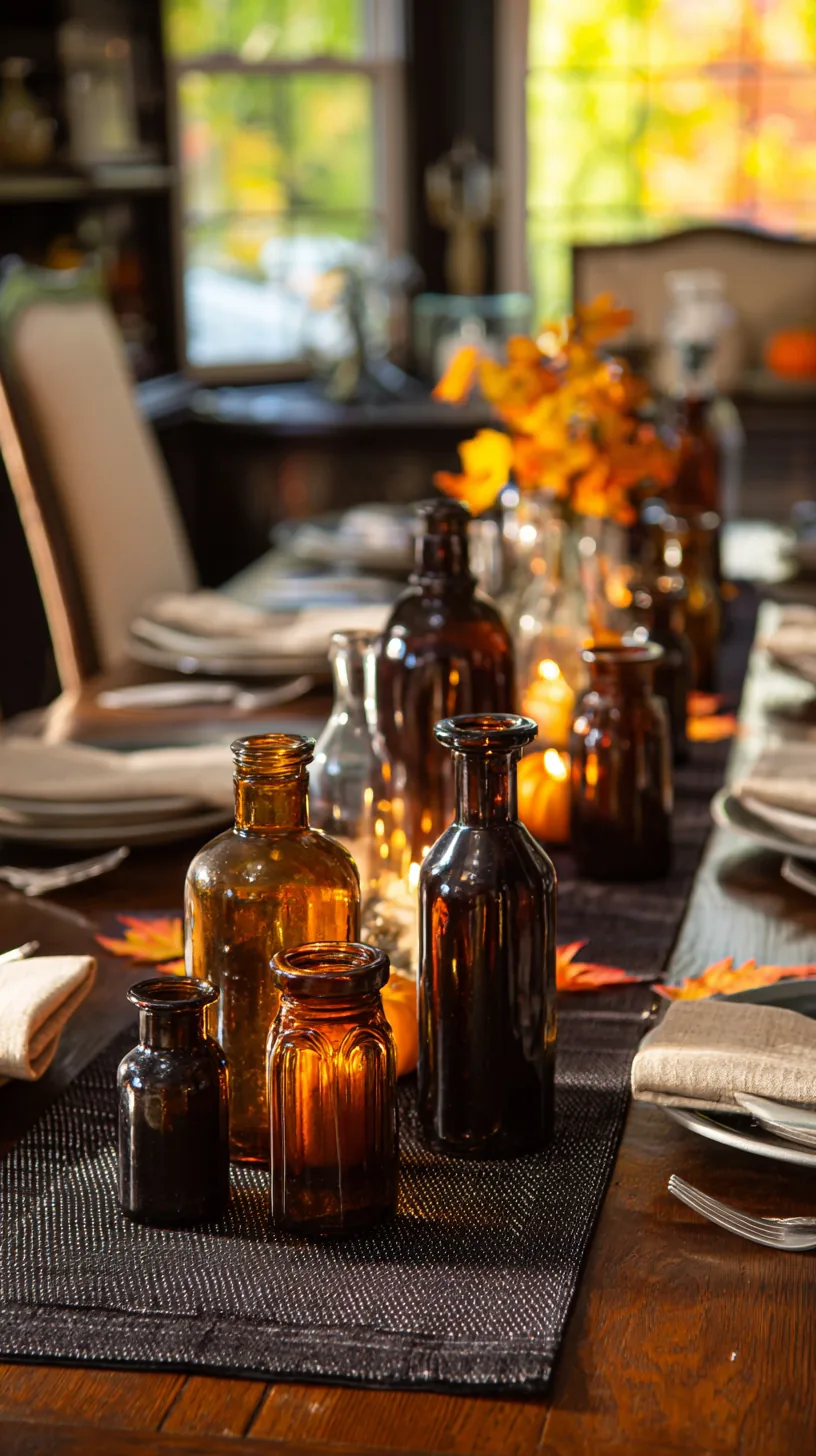 apothecary style bottles grouped down the center of a Halloween table, photo 1 of 4