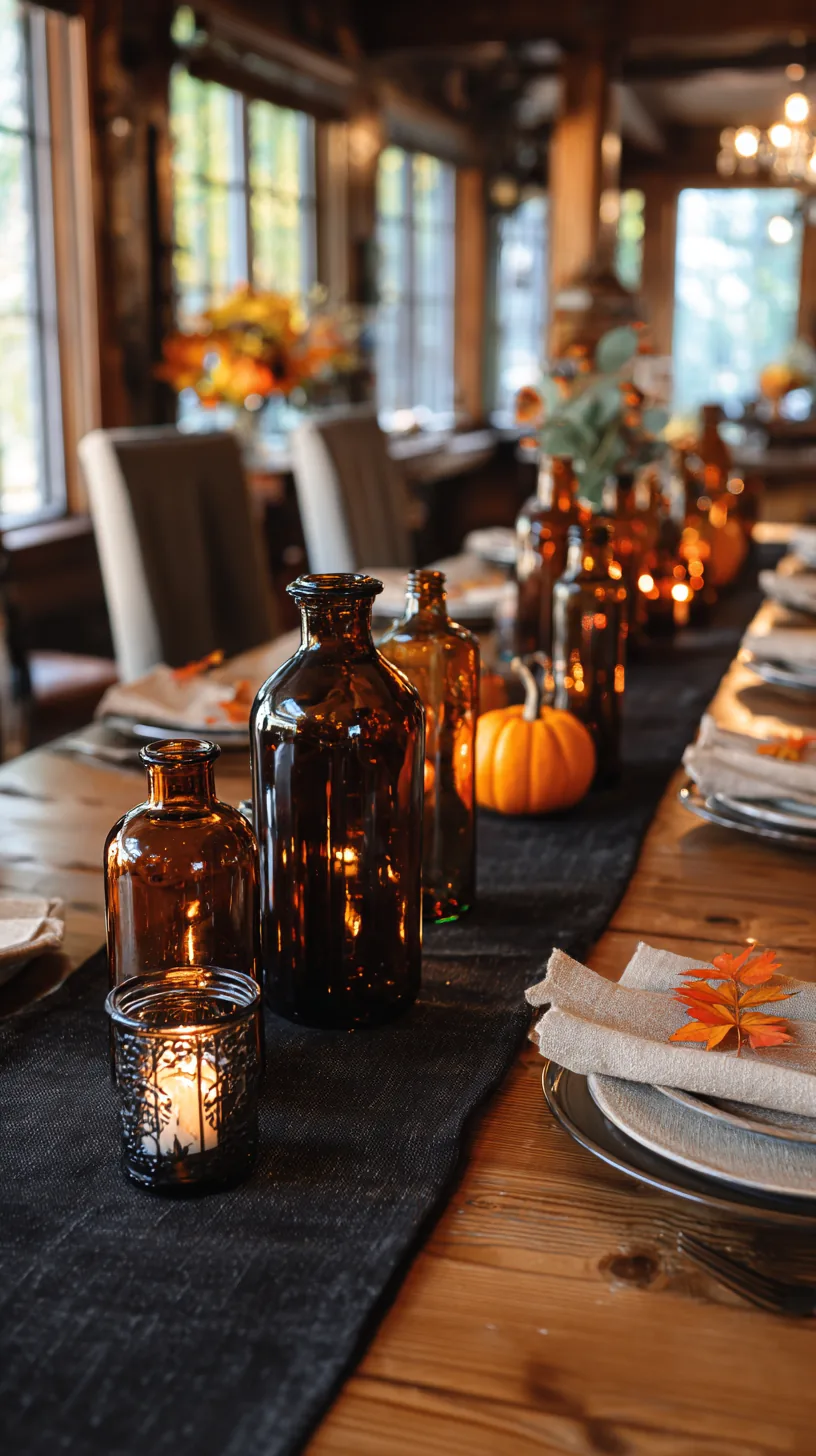 apothecary style bottles grouped down the center of a Halloween table, photo 2 of 4