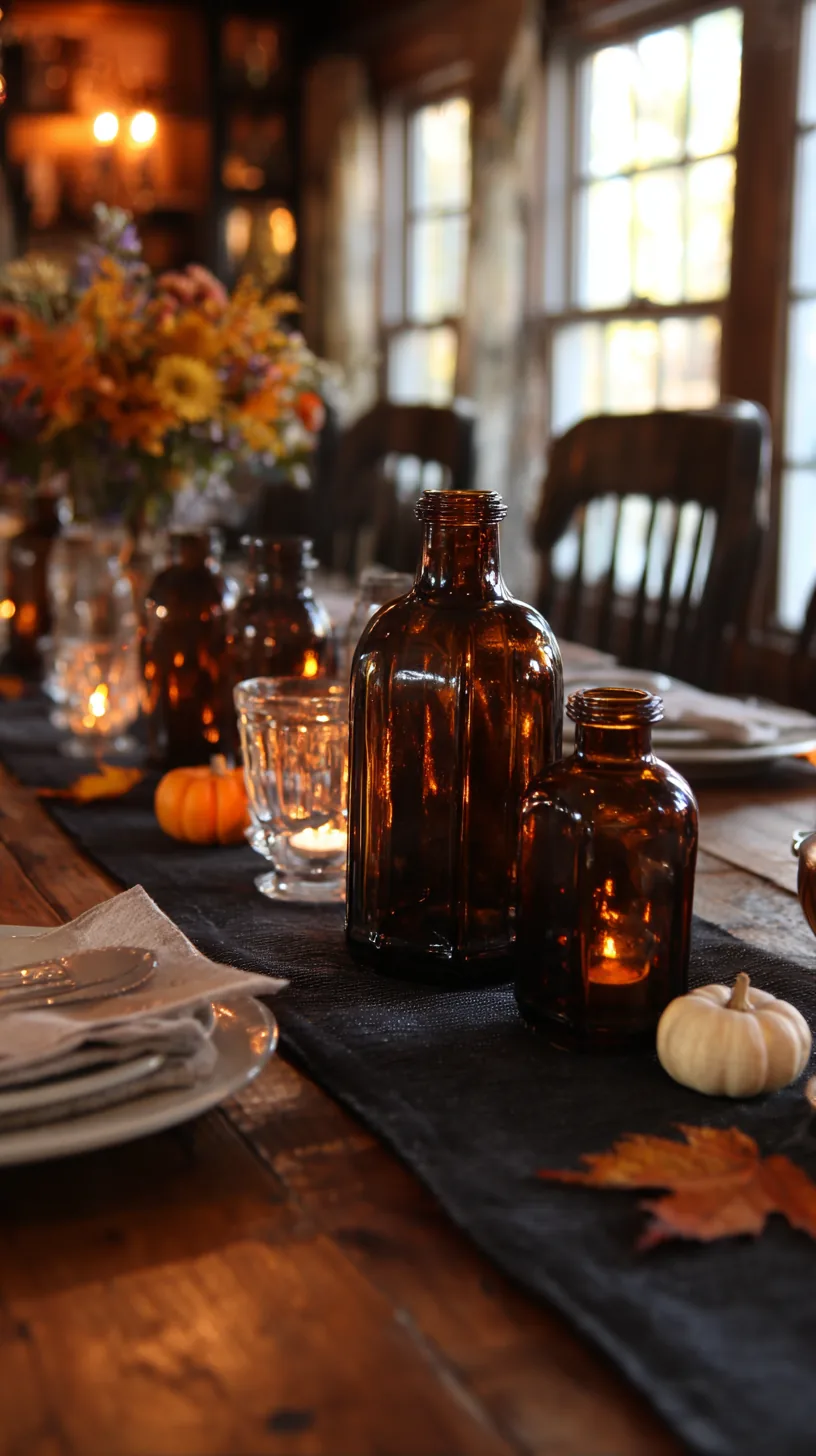 apothecary style bottles grouped down the center of a Halloween table, photo 3 of 4