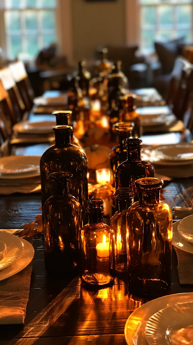 apothecary style bottles grouped down the center of a Halloween table, photo 4 of 4
