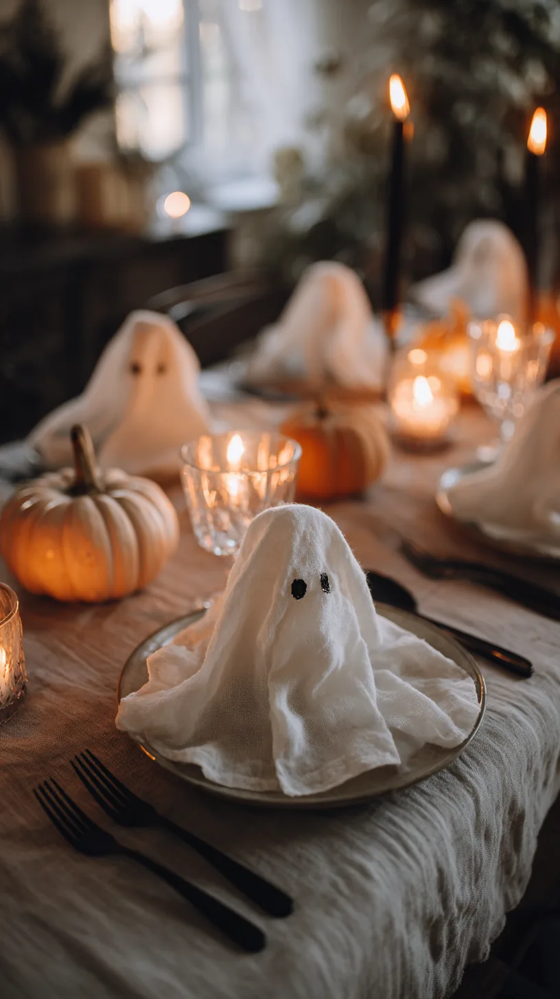 white napkins folded into simple ghost shapes at a Halloween table setting, photo 1 of 4