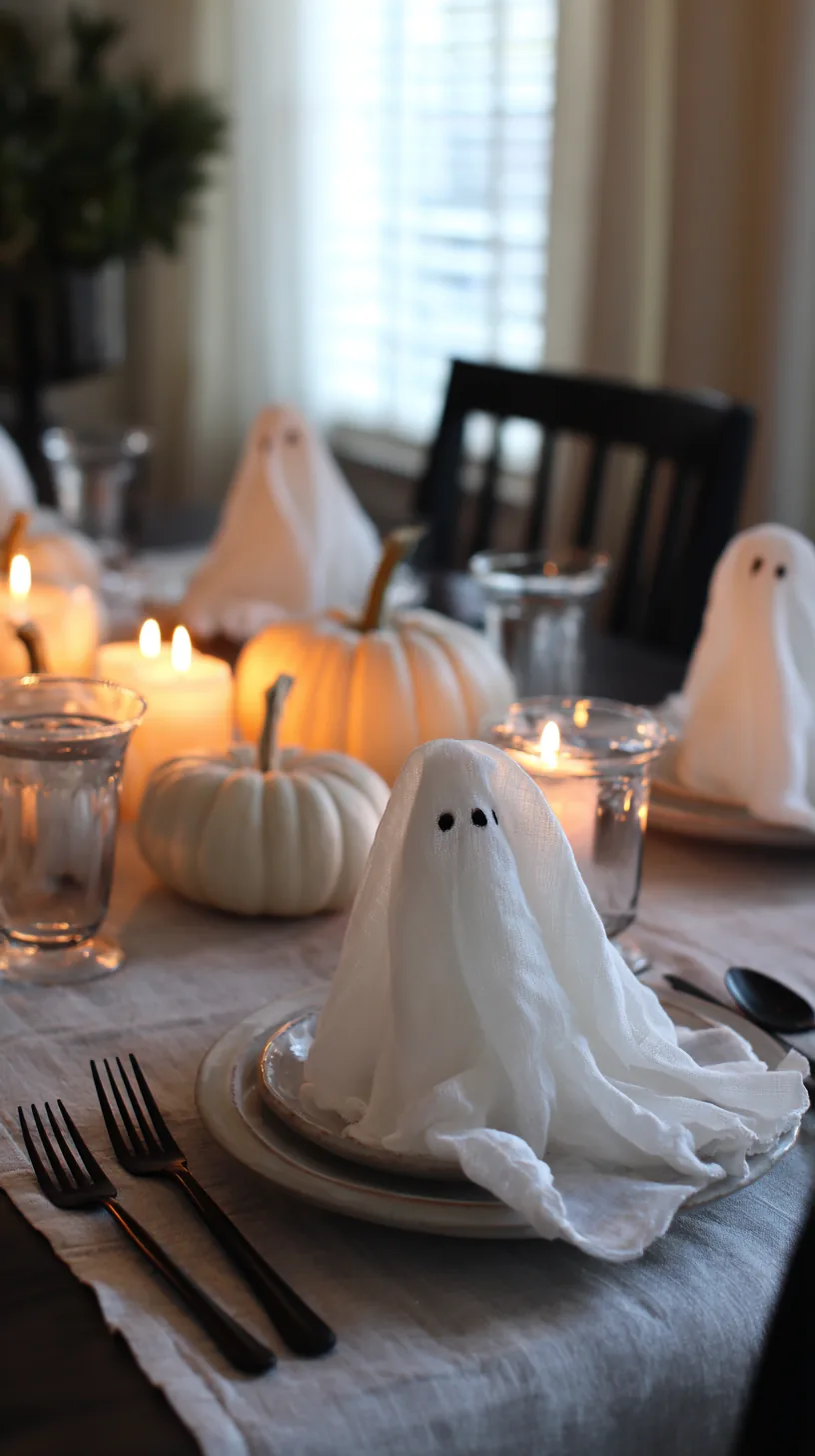 white napkins folded into simple ghost shapes at a Halloween table setting, photo 2 of 4