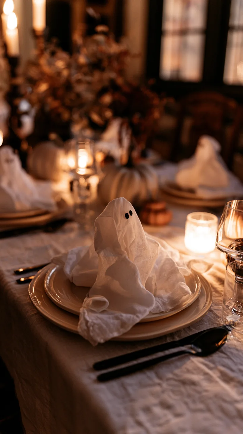 white napkins folded into simple ghost shapes at a Halloween table setting, photo 3 of 4
