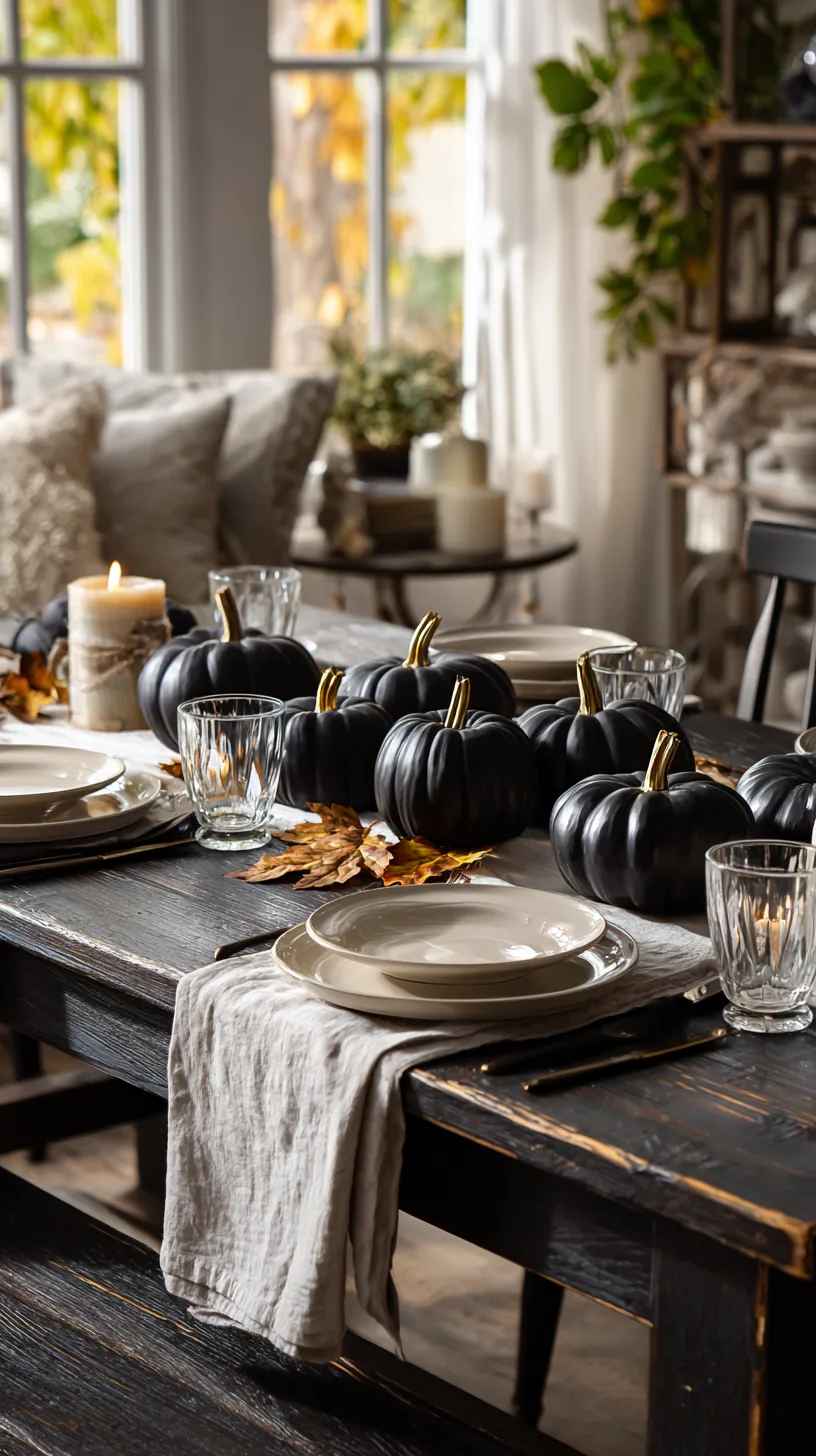centerpiece built from mini pumpkins painted matte black, photo 1 of 4