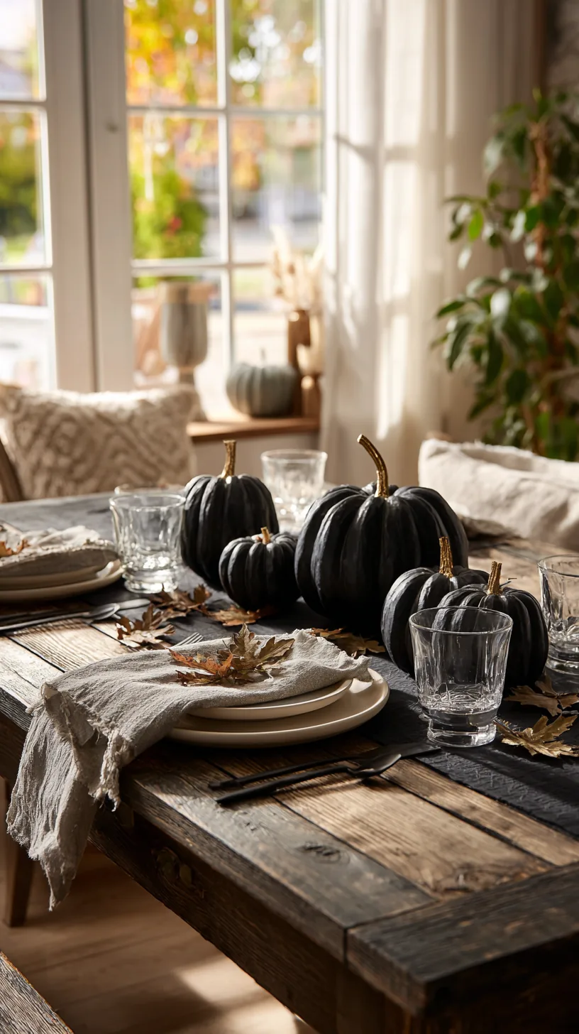 centerpiece built from mini pumpkins painted matte black, photo 3 of 4