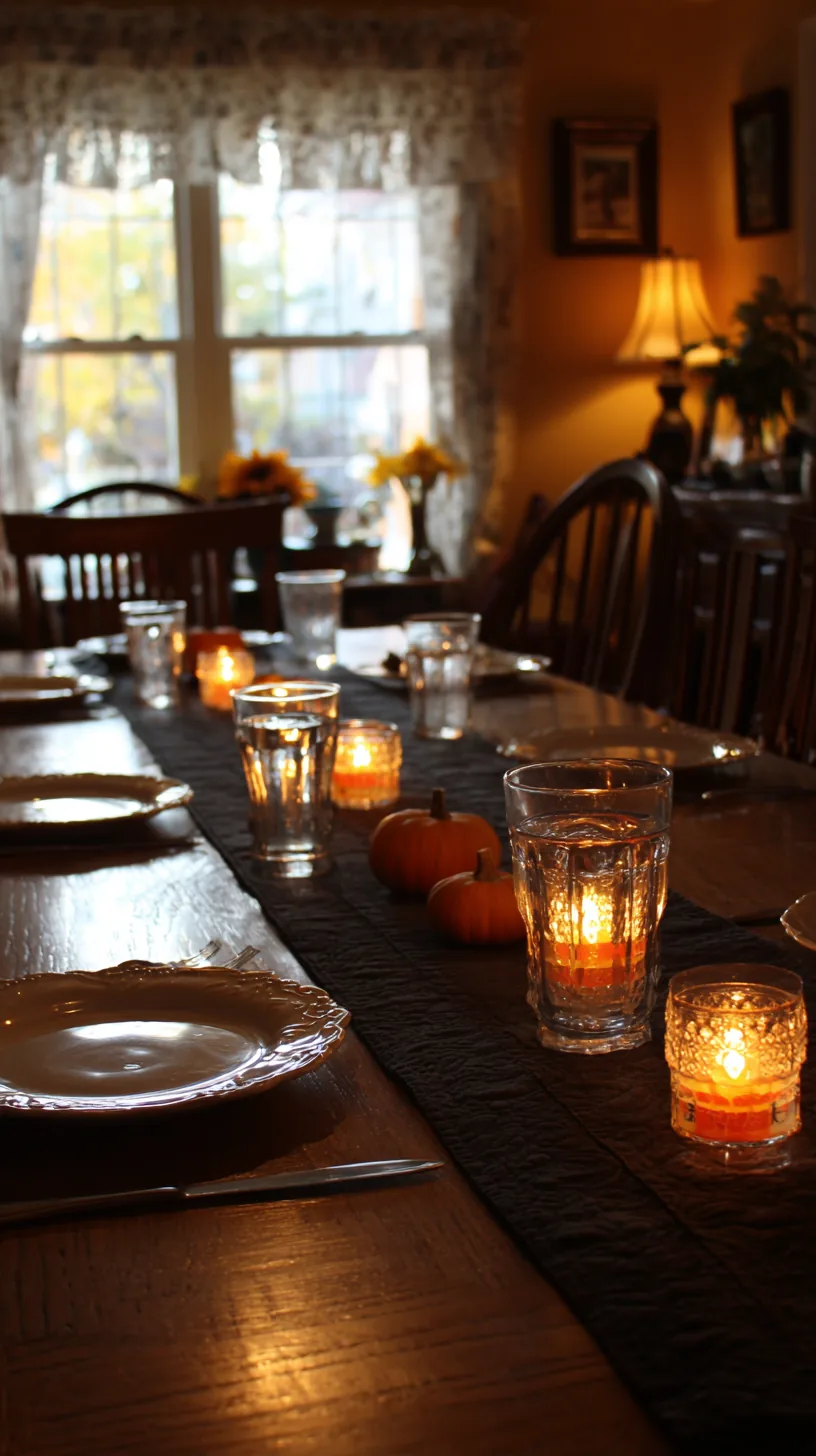 candy corn striped votive candles lined down a Halloween table, photo 1 of 4