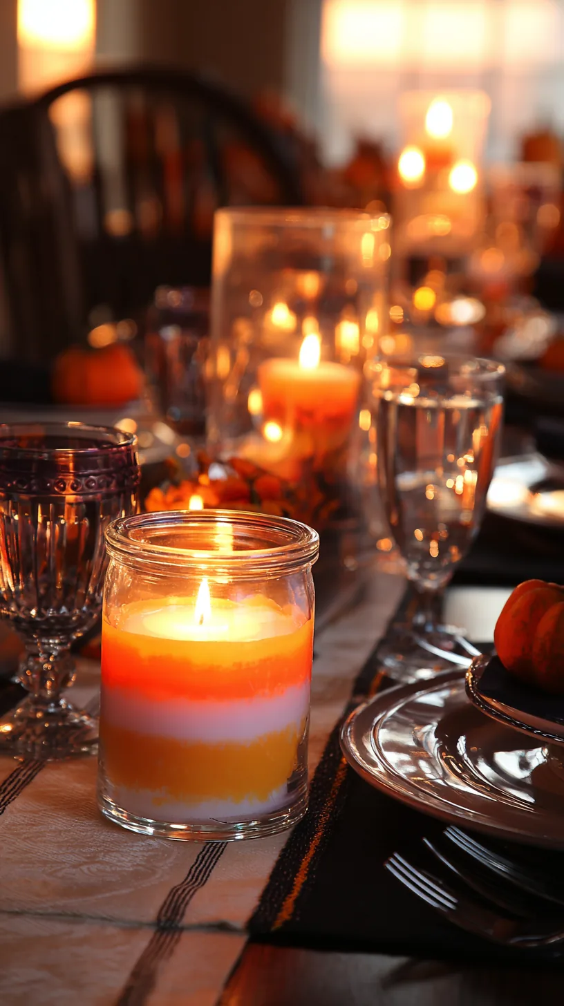 candy corn striped votive candles lined down a Halloween table, photo 2 of 4