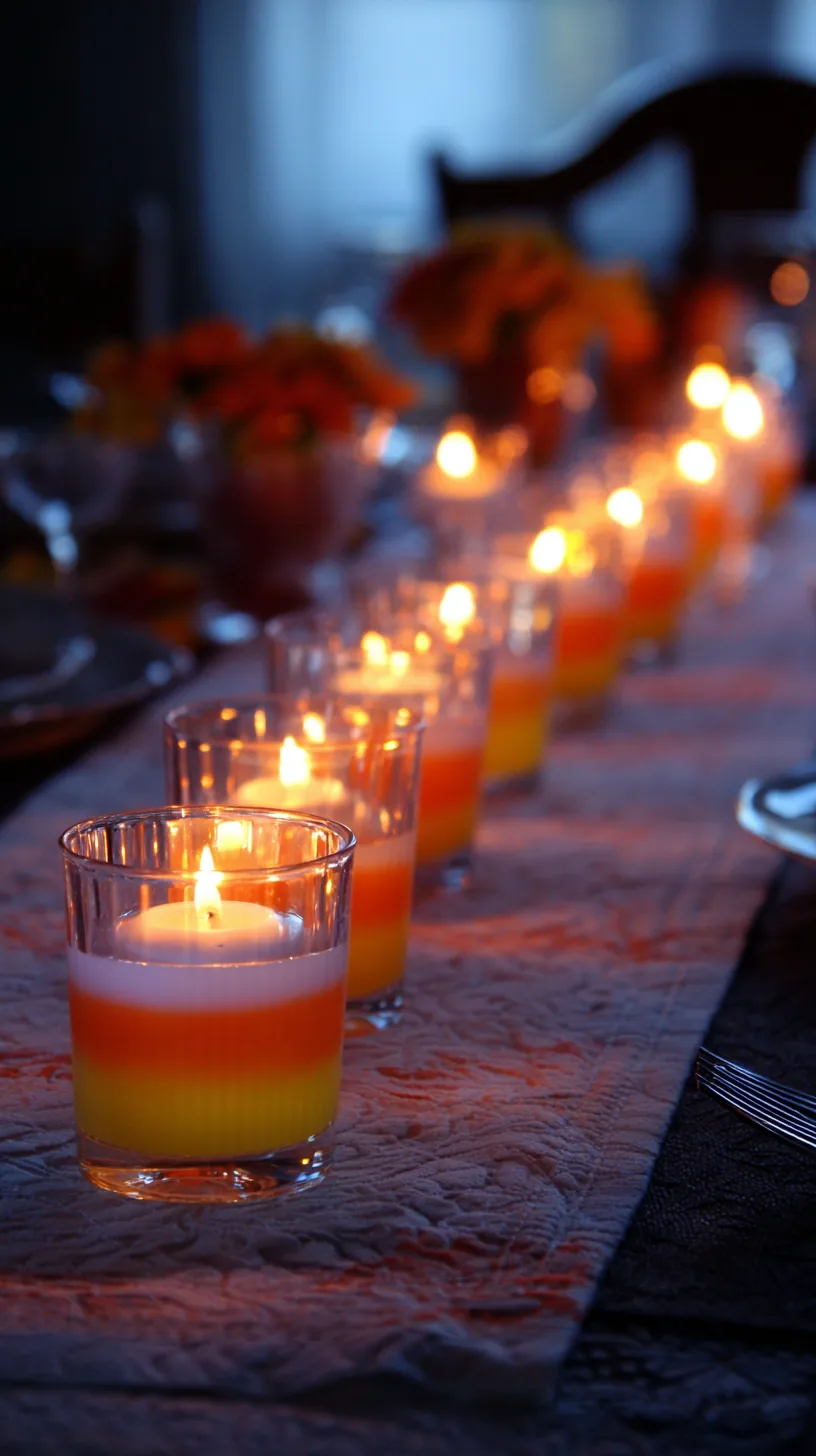 candy corn striped votive candles lined down a Halloween table, photo 3 of 4