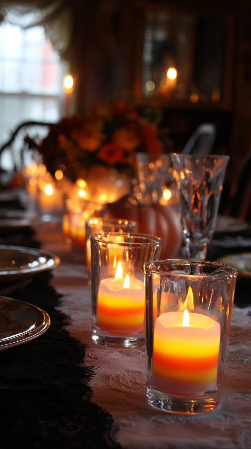 candy corn striped votive candles lined down a Halloween table, photo 4 of 4