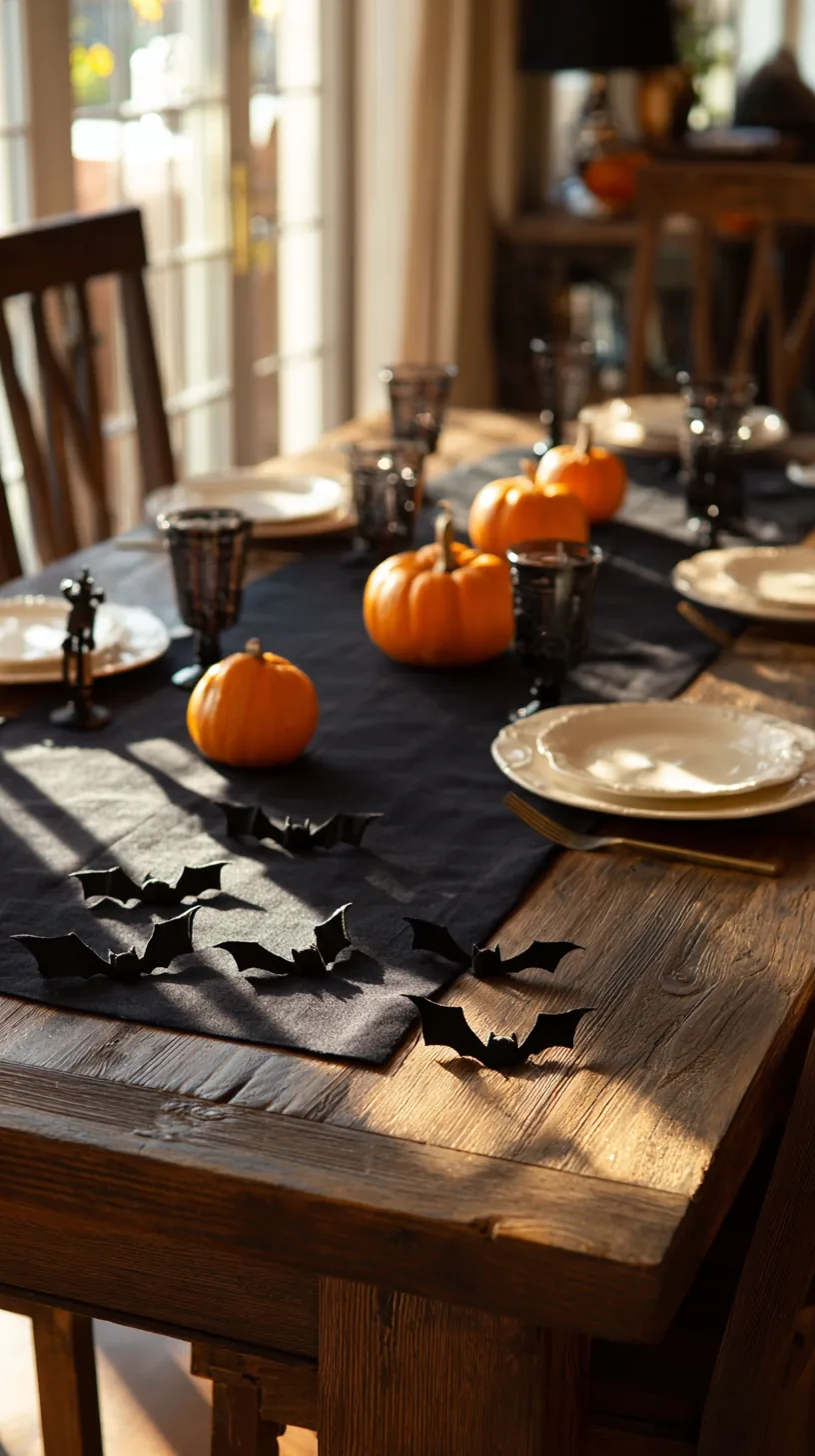 small cluster of faux bats arranged mid table on a Halloween table setting, photo 2 of 4