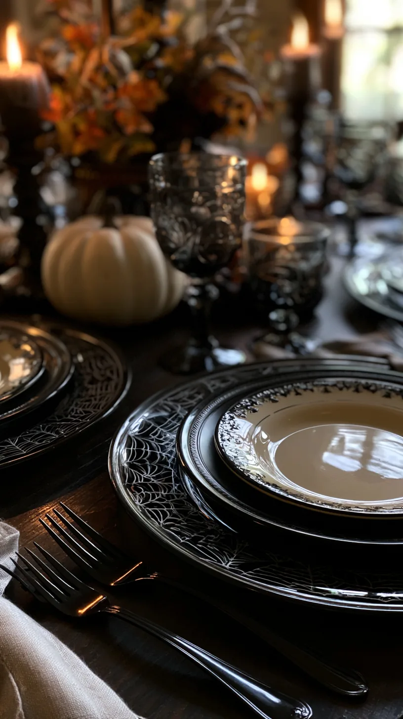 charger plates with a subtle spiderweb print under Halloween dinnerware, photo 1 of 4