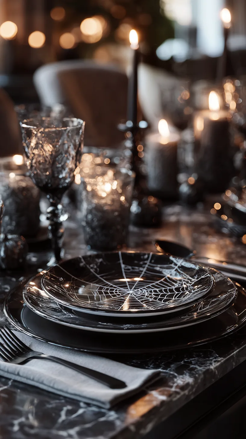 charger plates with a subtle spiderweb print under Halloween dinnerware, photo 2 of 4