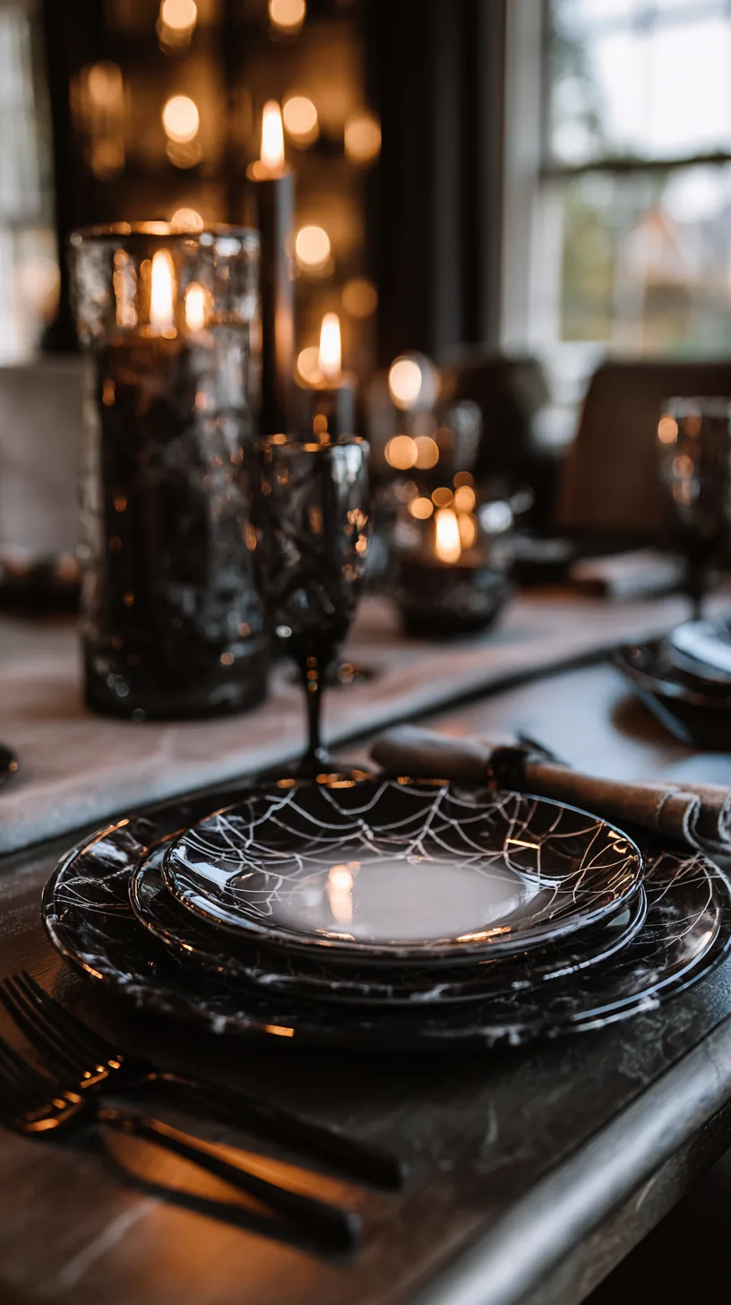 charger plates with a subtle spiderweb print under Halloween dinnerware, photo 3 of 4