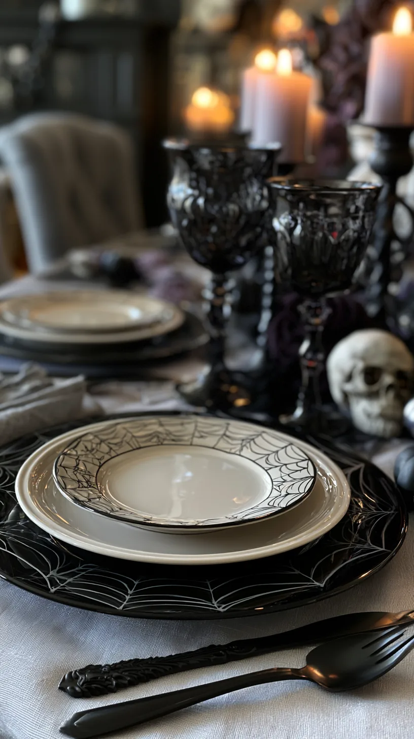 charger plates with a subtle spiderweb print under Halloween dinnerware, photo 4 of 4
