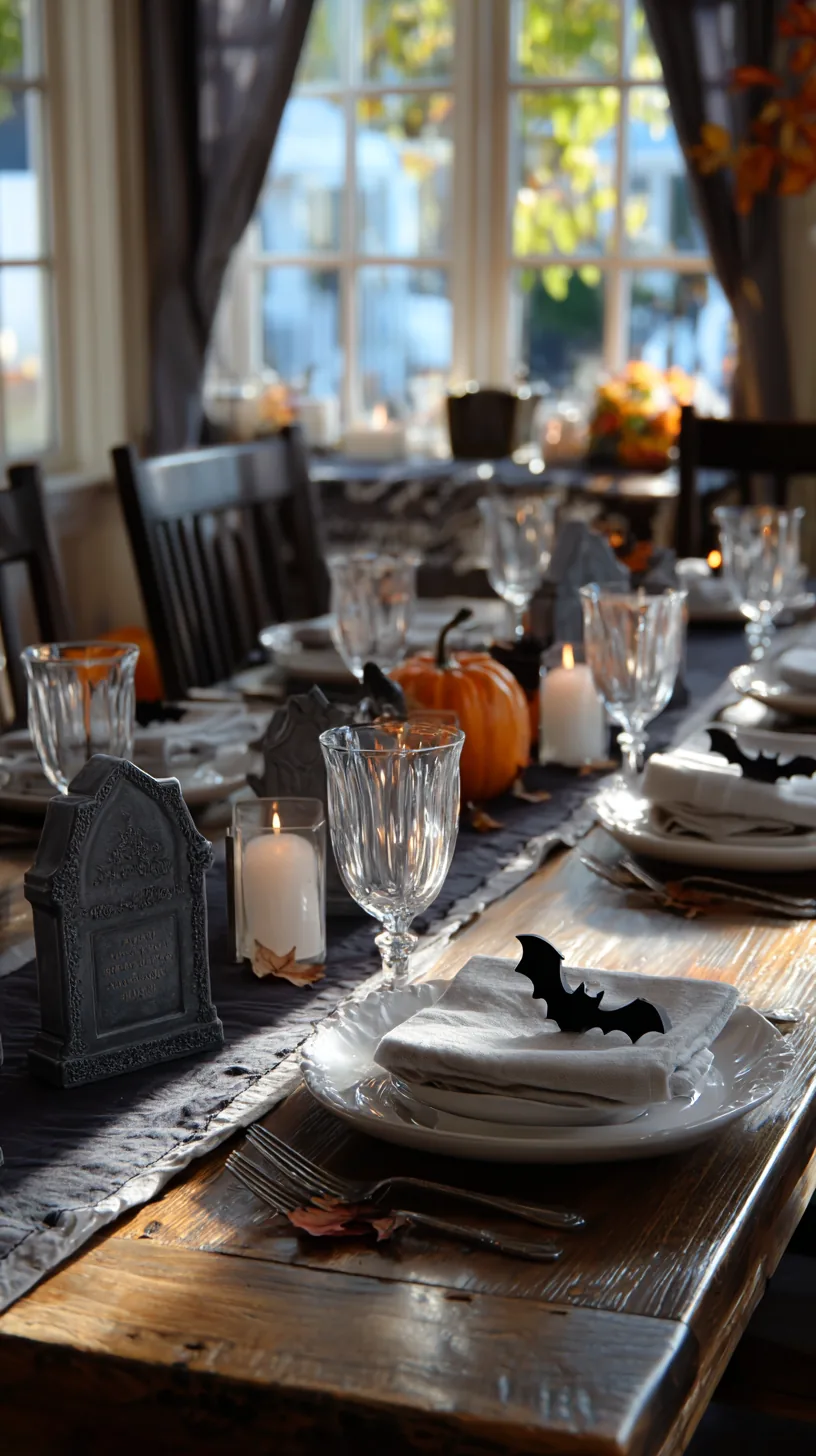 tiny tombstone place cards set at each seat of a Halloween dinner table, photo 2 of 4